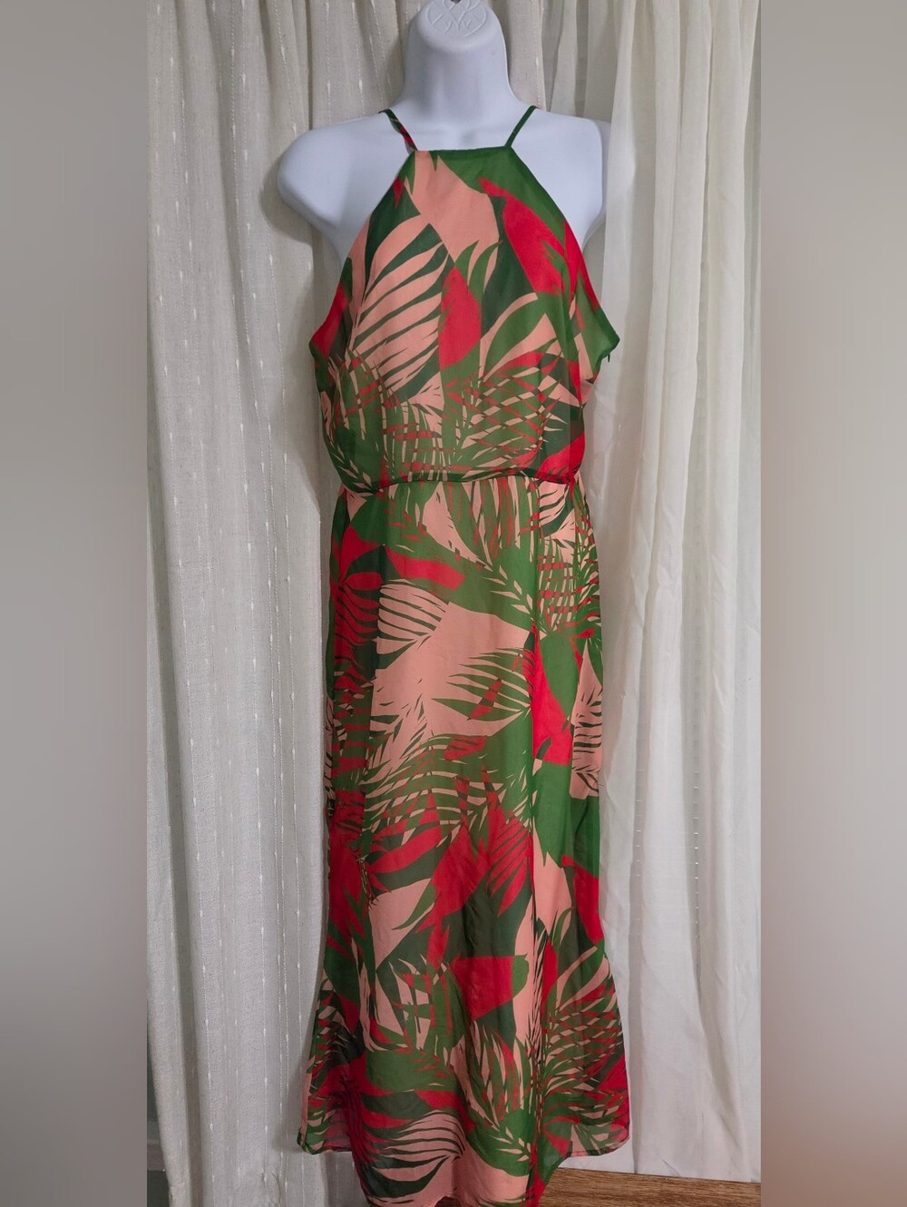 NSR Tropical Halter Maxi Dress in Green, Red & Peach